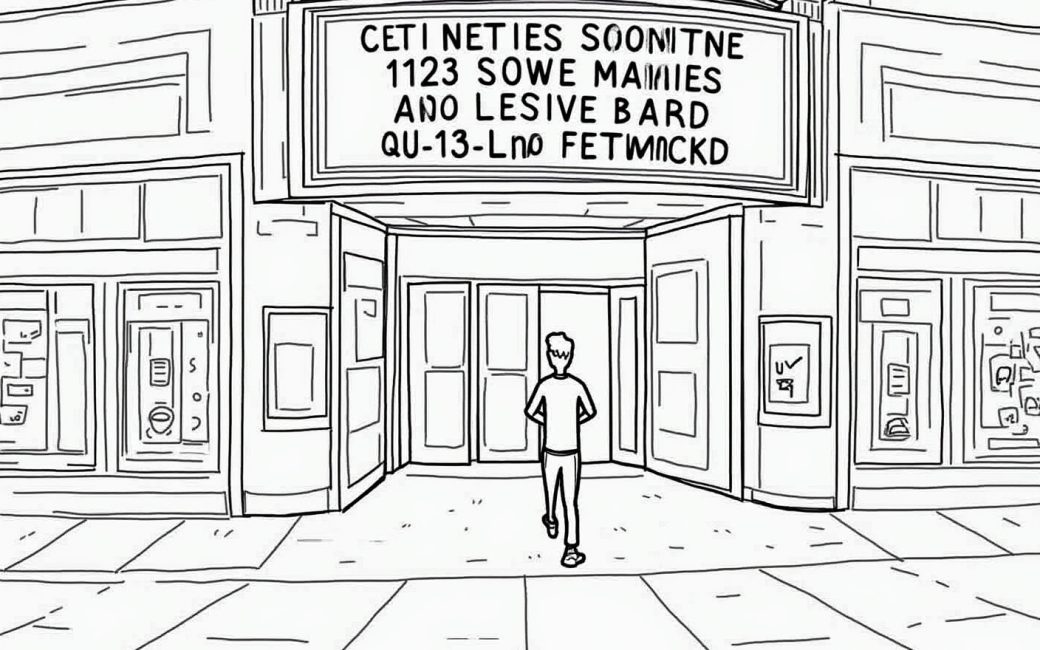 Person viewing current movie titles and showtimes at a theater marquee.