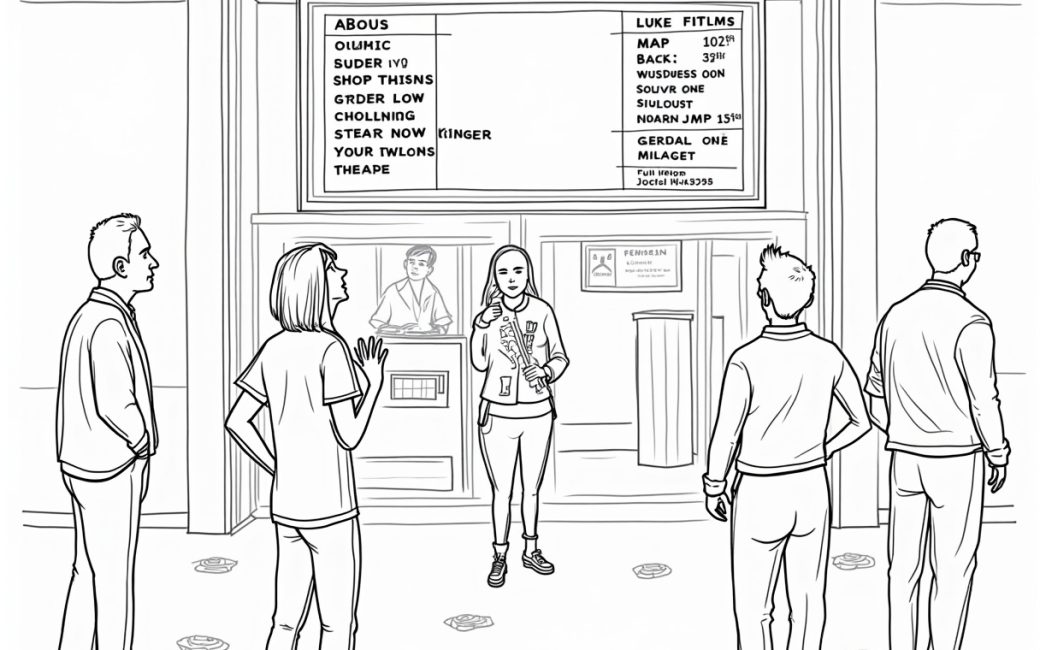 Theater lobby with digital display showing movie titles and showtimes